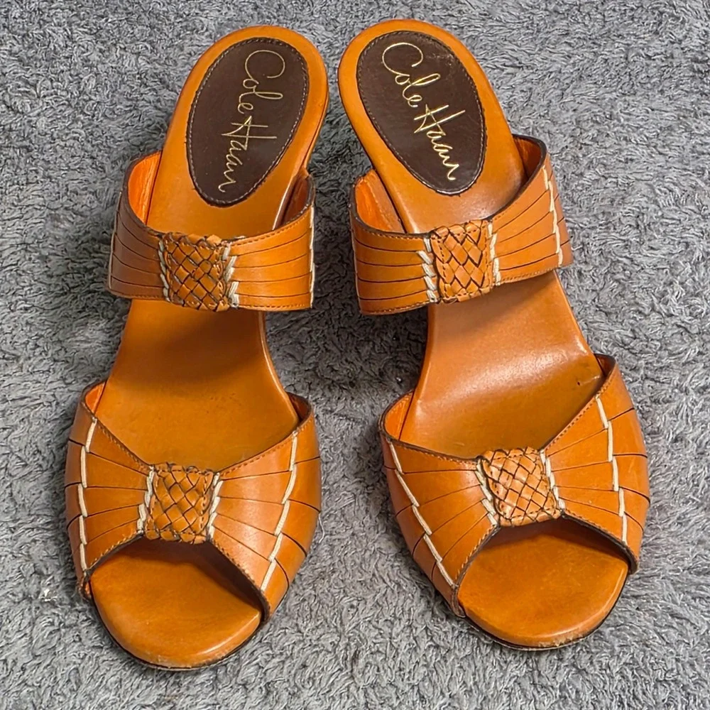 VTG Cole Haan NikeAir Wedge Sandals Orange Leather Woven Peep Toe Womens‎ 6.5 B